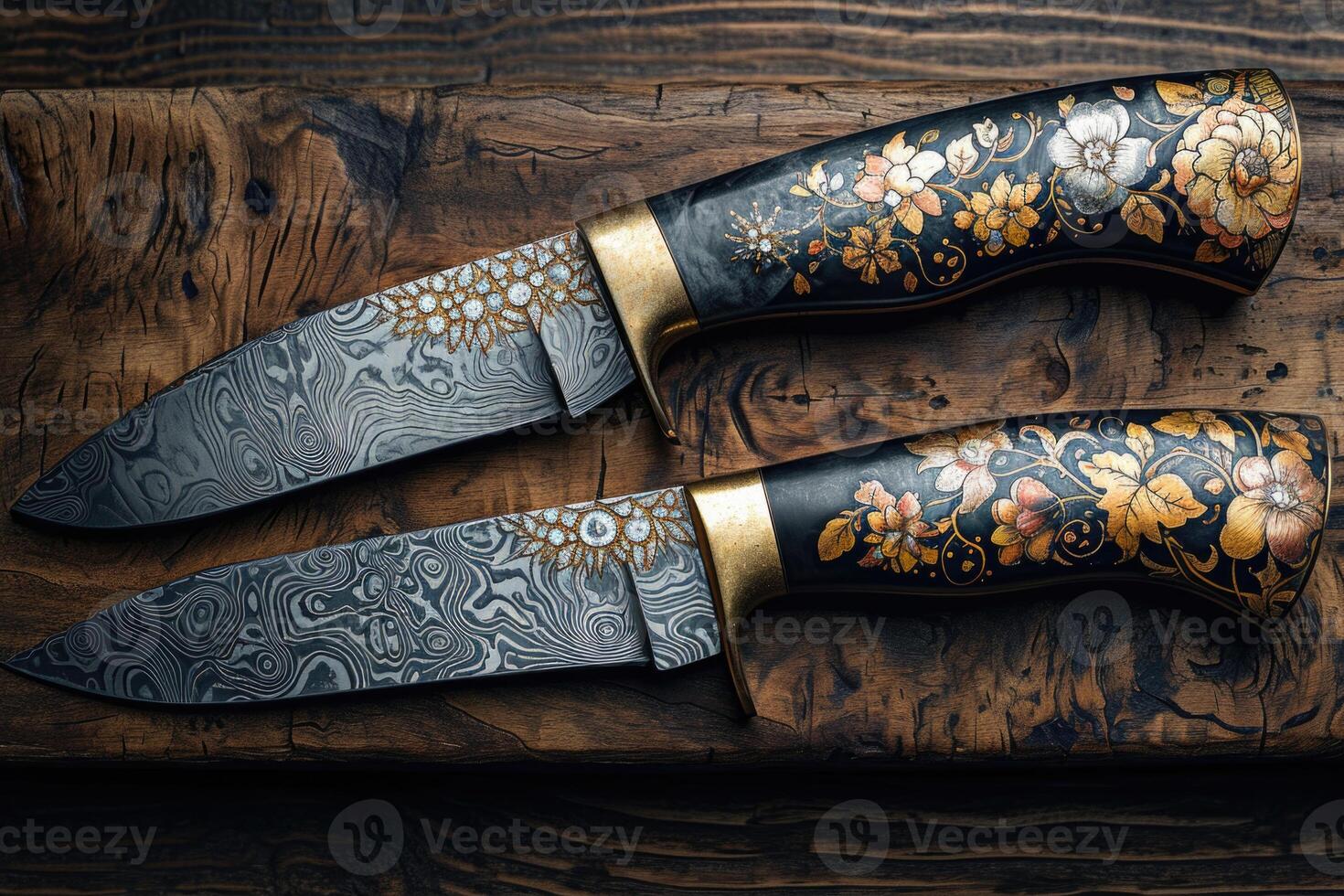 ai gerado facas fez do Damasco aço em uma de madeira borda foto
