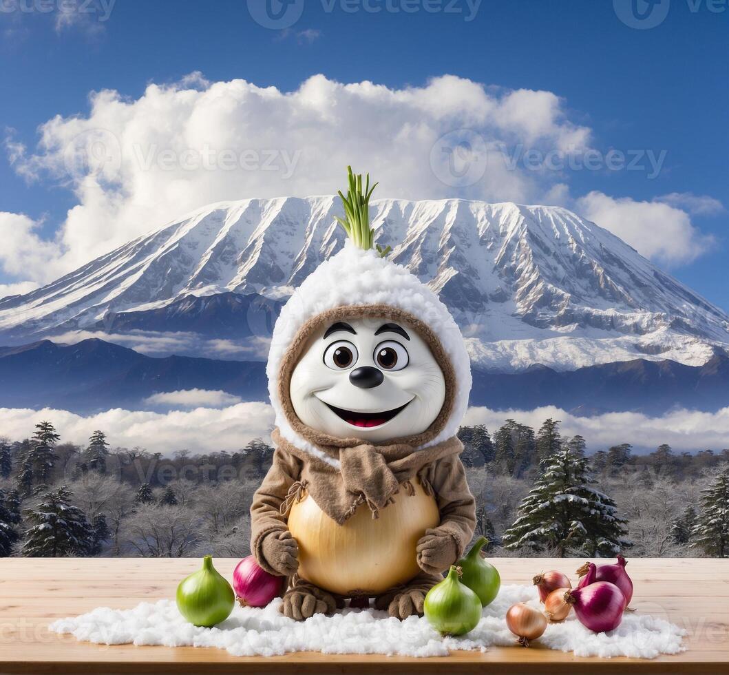 ai gerado cebola mascote personagem com legumes em a fundo do montar fuji, Japão. foto