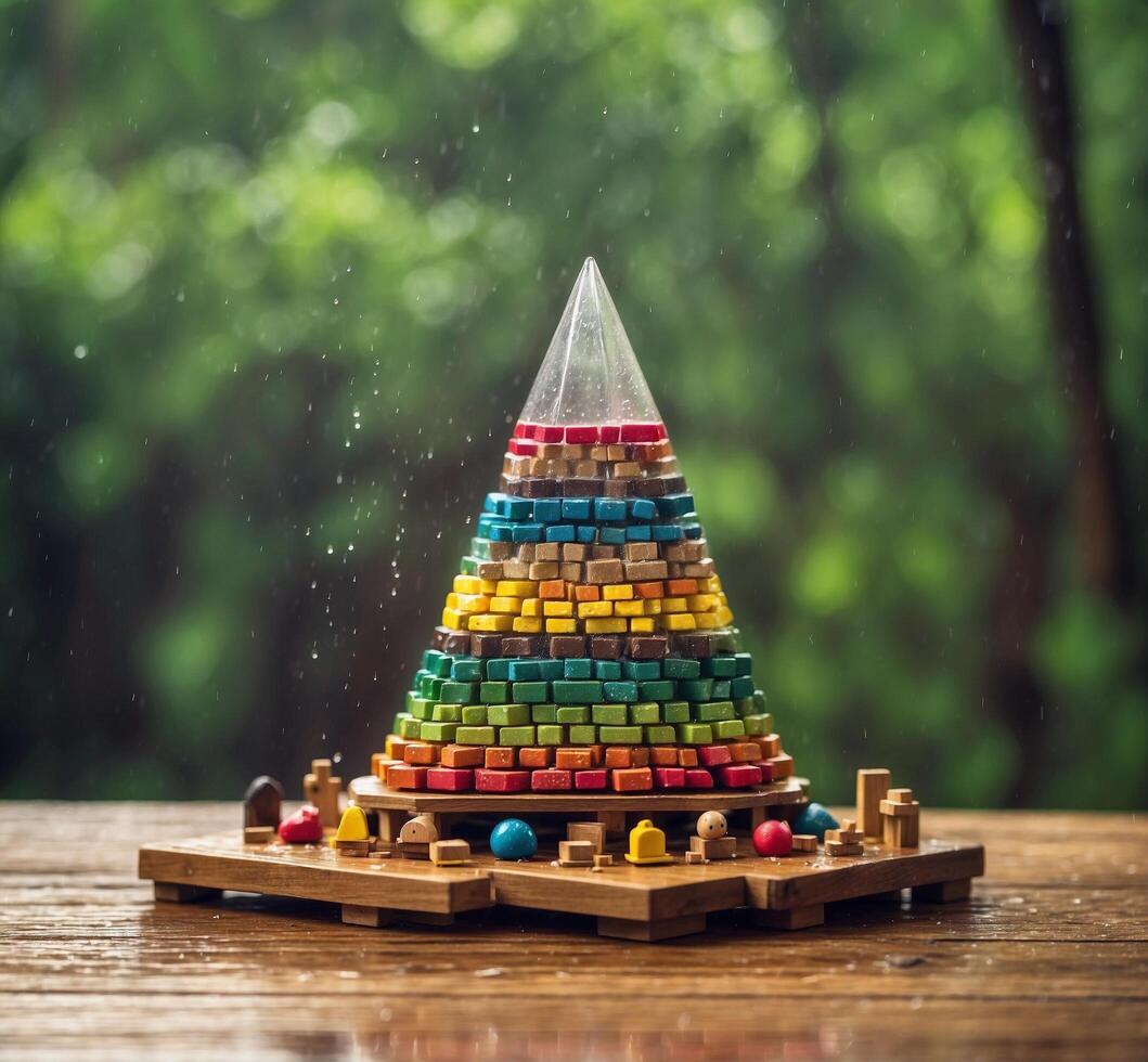 ai gerado pirâmide do colorida de madeira brinquedo blocos em uma de madeira mesa dentro a chuva foto
