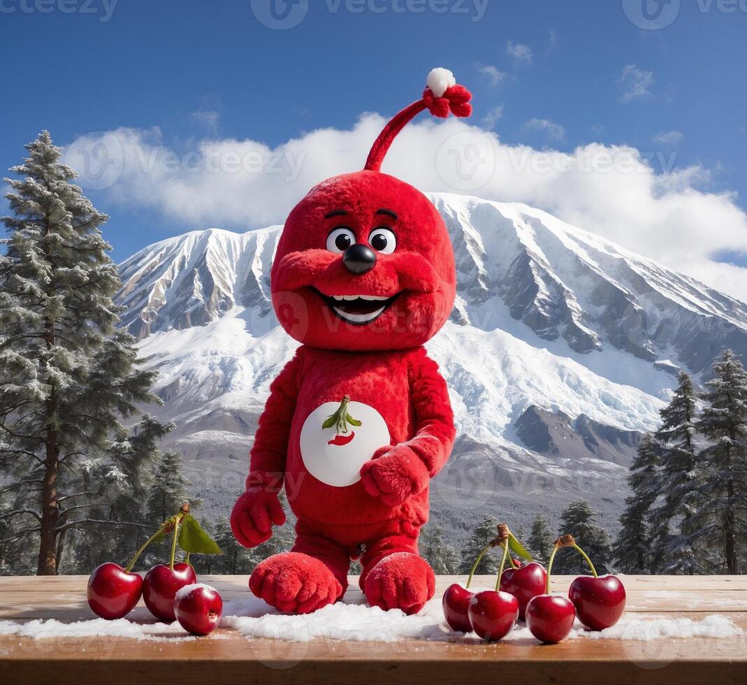 ai gerado cerejas mascote personagem em a fundo do coberto de neve montanhas foto