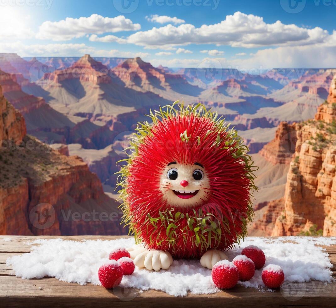 ai gerado engraçado rambutan mascote dentro a grande desfiladeiro nacional parque, arizona, EUA foto