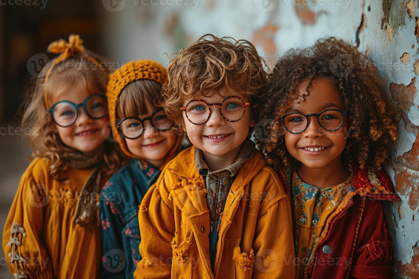 ai gerado alegre crianças dentro brilhante colori roupas e óculos ter Diversão gastos seus verão feriados ao ar livre foto