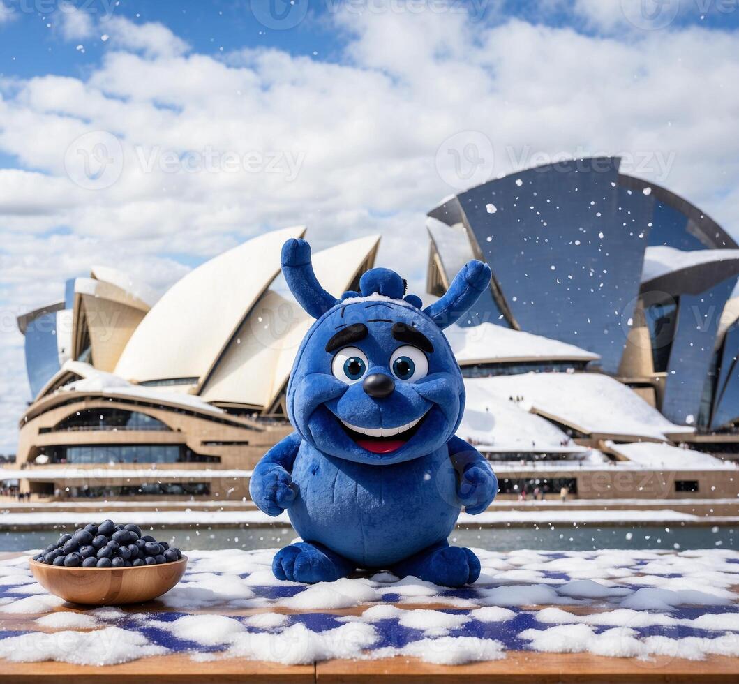 ai gerado mirtilo mascote personagem com amoras em a neve. foto