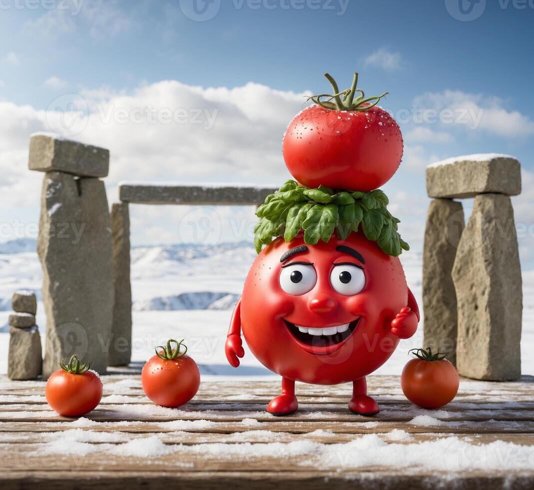 ai gerado tomate com feliz face em neve e stonehenge fundo. foto