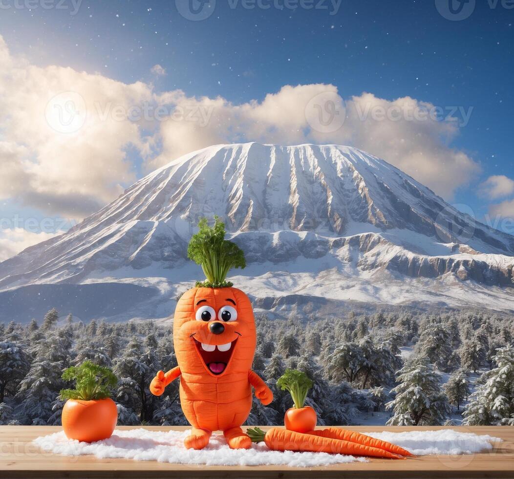 ai gerado engraçado cenoura mascote dentro a neve e mt. Fuji dentro a fundo foto