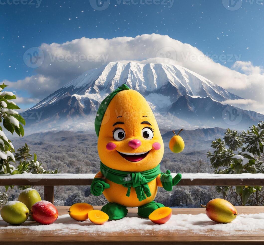 ai gerado engraçado manga mascote com mt Fuji dentro a fundo foto