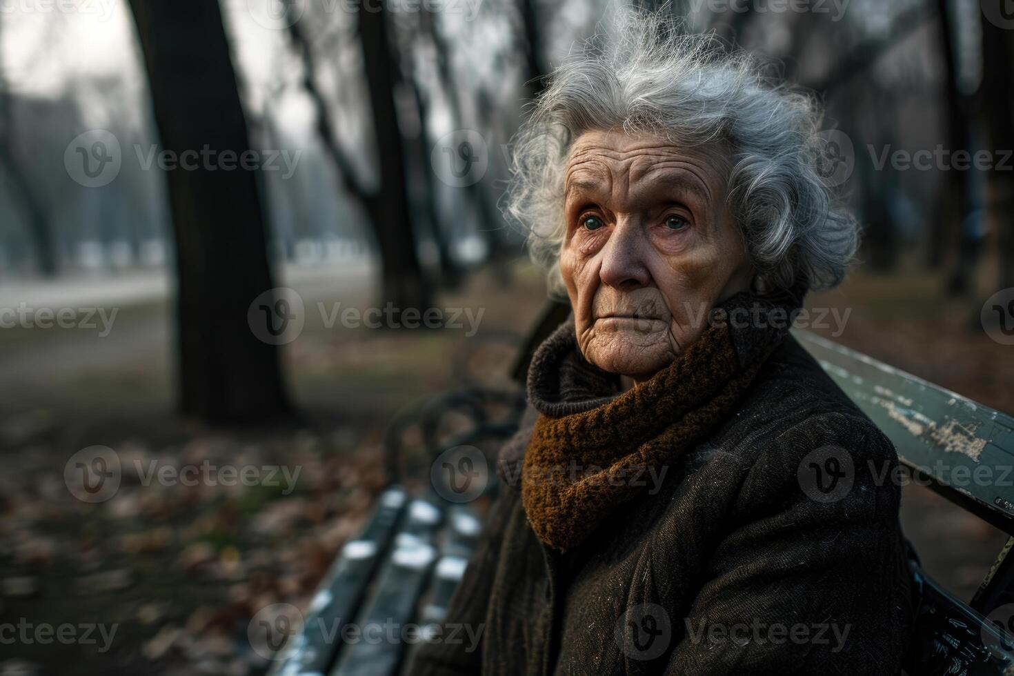 ai gerado retrato do a idosos grisalho mulher dentro a parque durante a dia foto