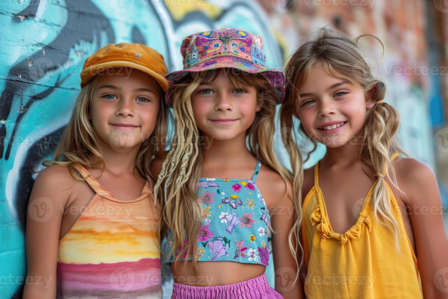 ai gerado três alegre amigas dentro colorida roupas, tendo Diversão em verão período de férias lado de fora foto