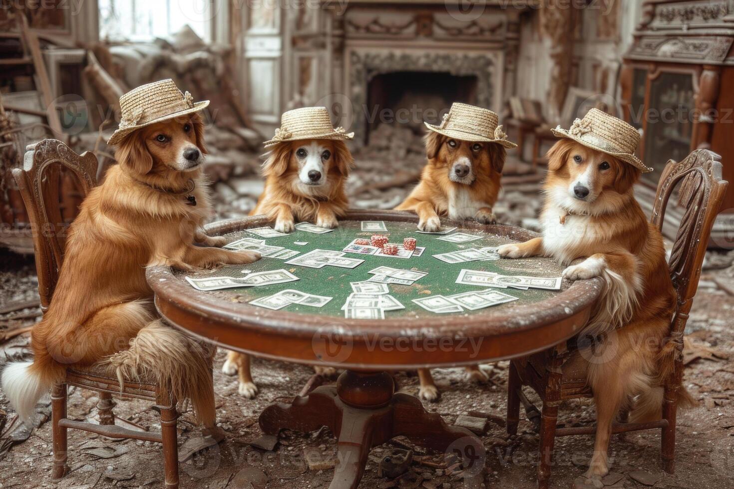 ai gerado uma grupo do cachorros dentro chapéus sentar às uma mesa e jogar pôquer. cassino foto