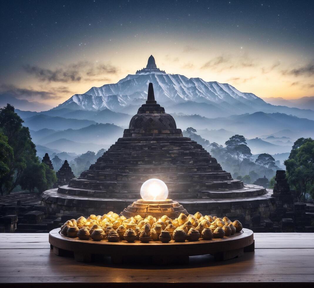 ai gerado místico Visão do borobudur têmpora às noite, Java, Indonésia foto