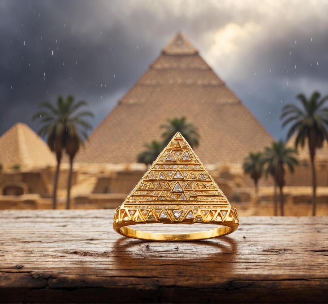 ai gerado dourado pirâmide anel com fundo do pirâmides dentro Gizé, Egito, com chuva foto