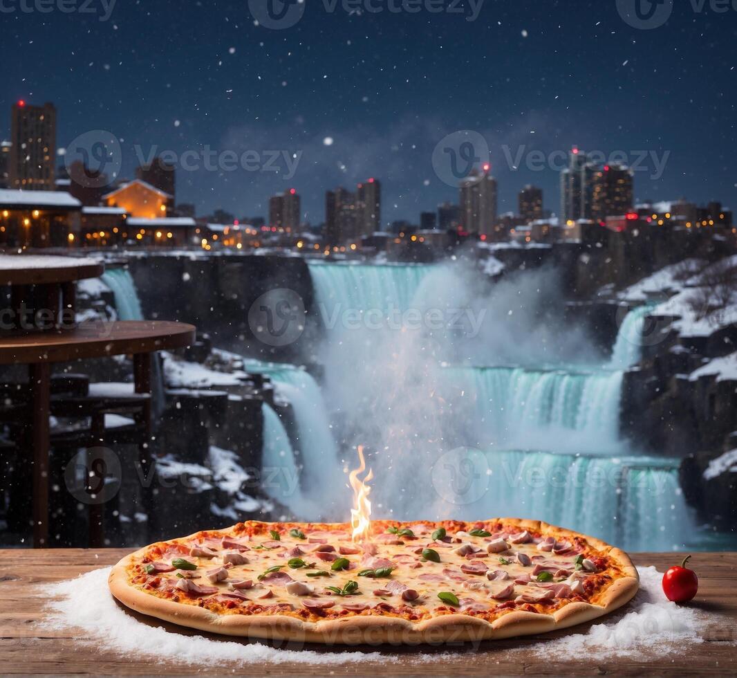 ai gerado pizza em a fundo do a Niágara cai dentro a inverno. foto