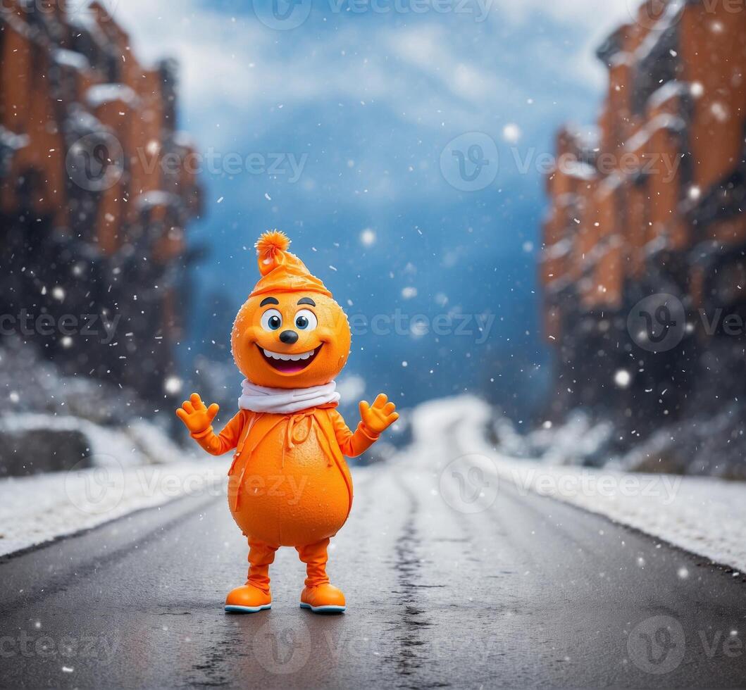 ai gerado engraçado laranja mascote personagem caminhando em a estrada dentro inverno foto