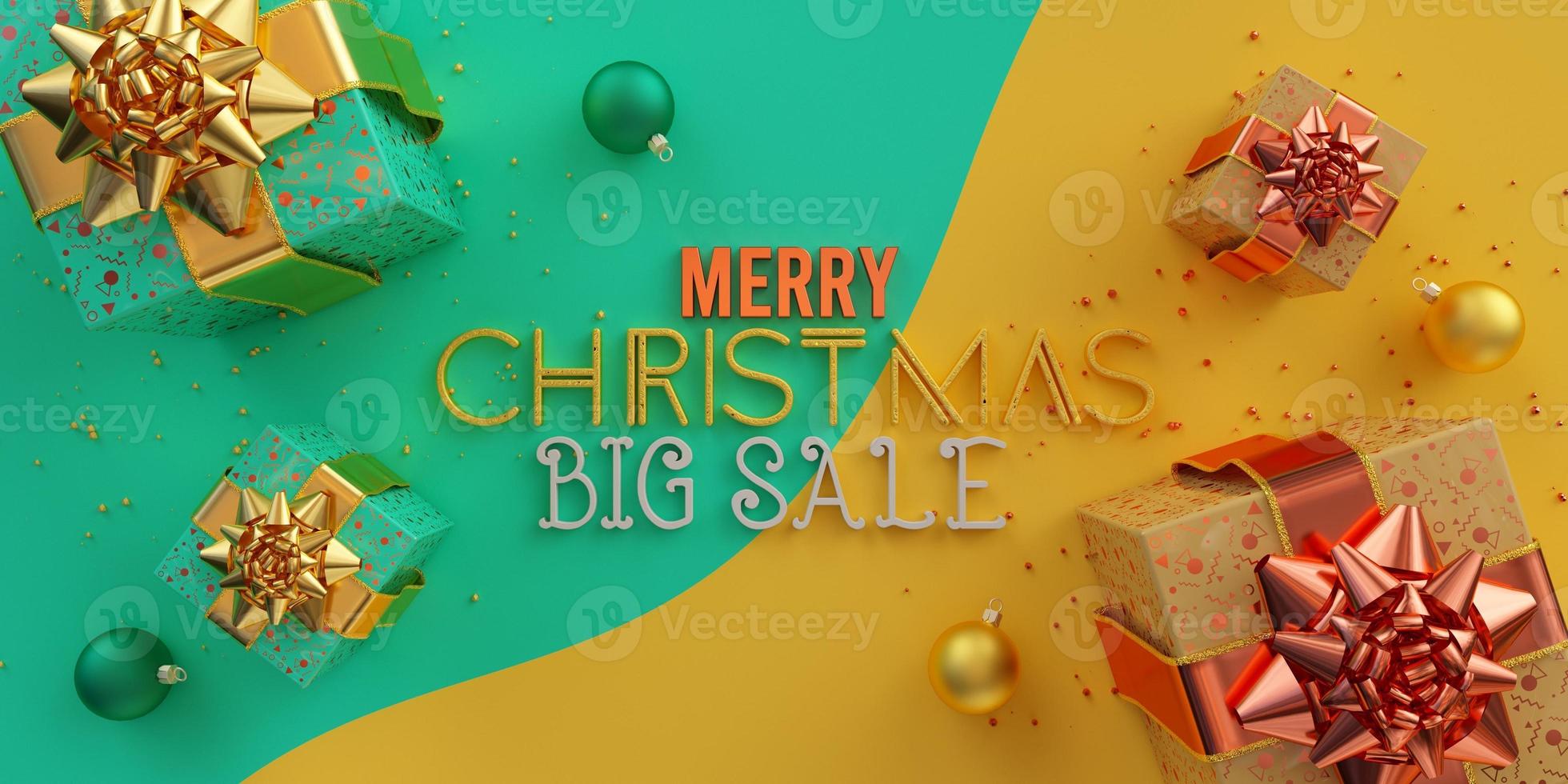 Feliz Natal, composição ilustrada de grande venda com caixas de presente multicoloridas, bolas e decorações em fundo turquesa e amarelo. foto