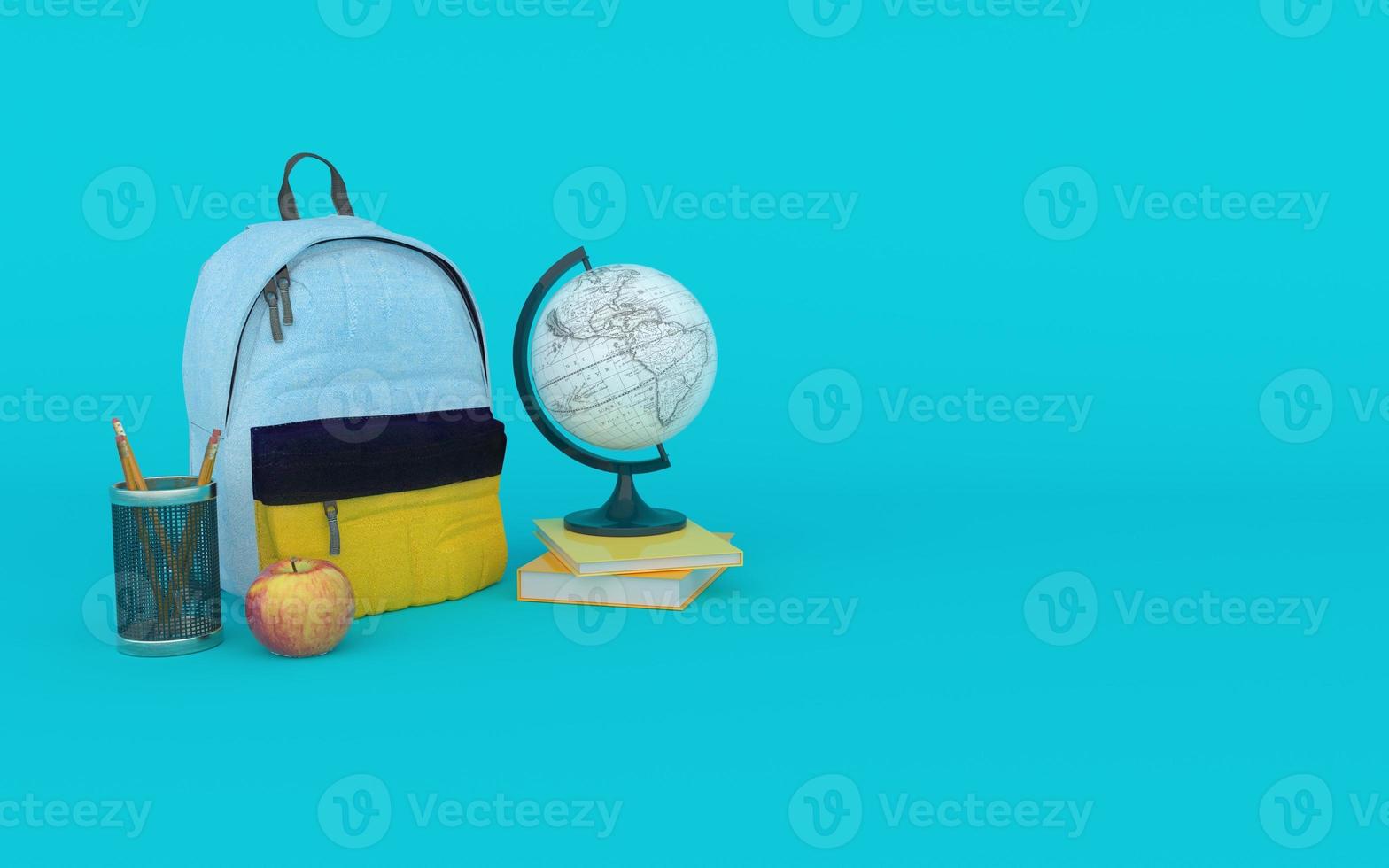 mochila multicolor em fundo azul com livros maçã, lápis e globo de volta às aulas renderização em 3d foto