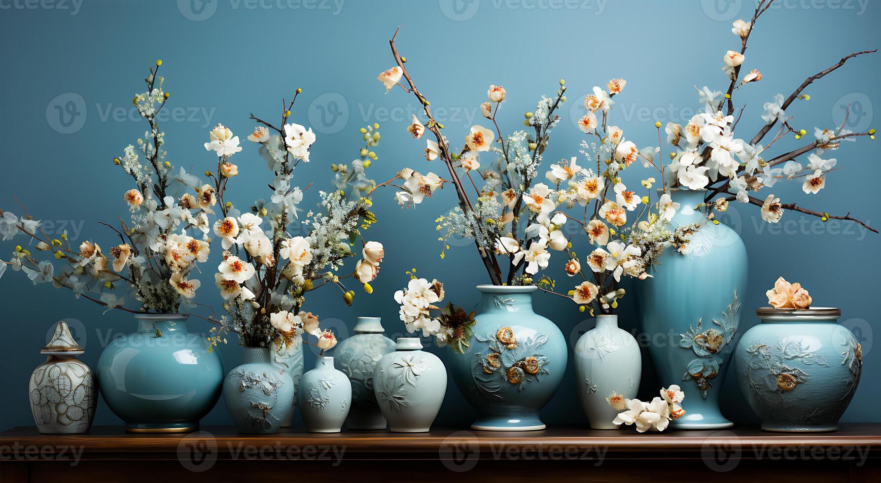 ai gerado Visão do lindo atraente colorida vasos e flor arranjos dentro uma quarto foto