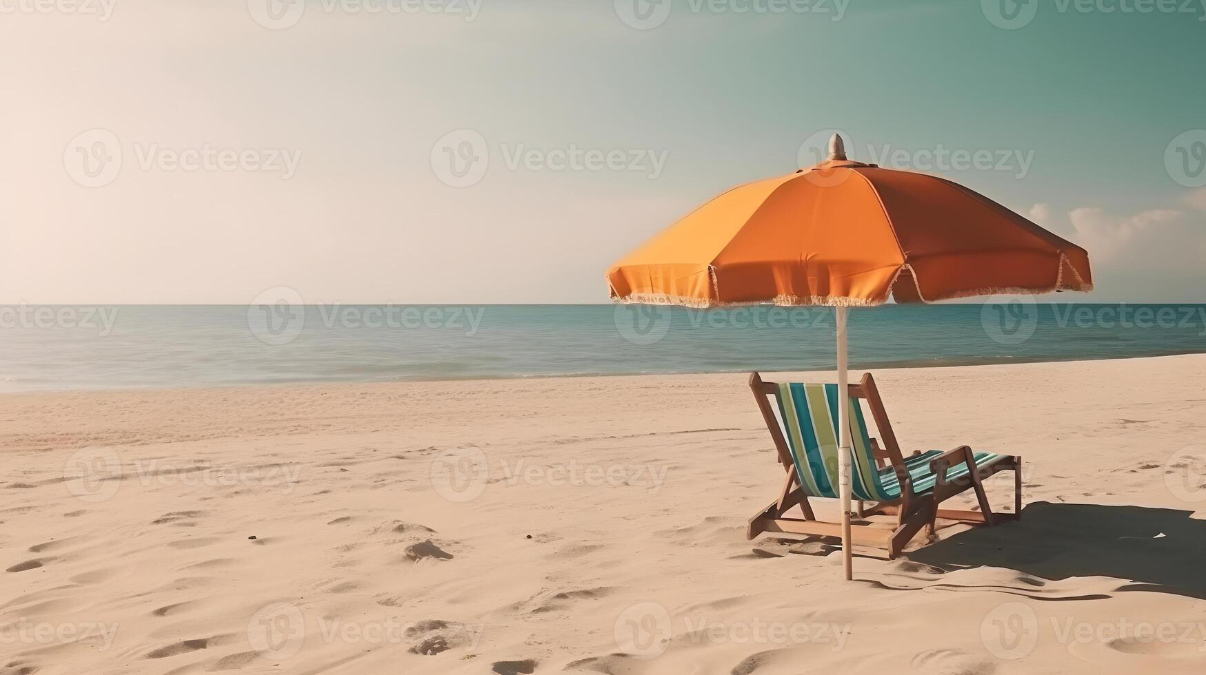 ai gerado de praia guarda-chuva com cadeira em a areia praia, neural rede gerado arte foto