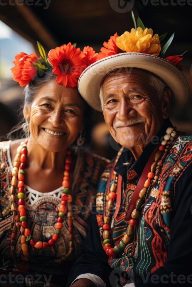 ai gerado retrato do uma feliz idosos casal em período de férias dentro nacional figurinos. viagem foto