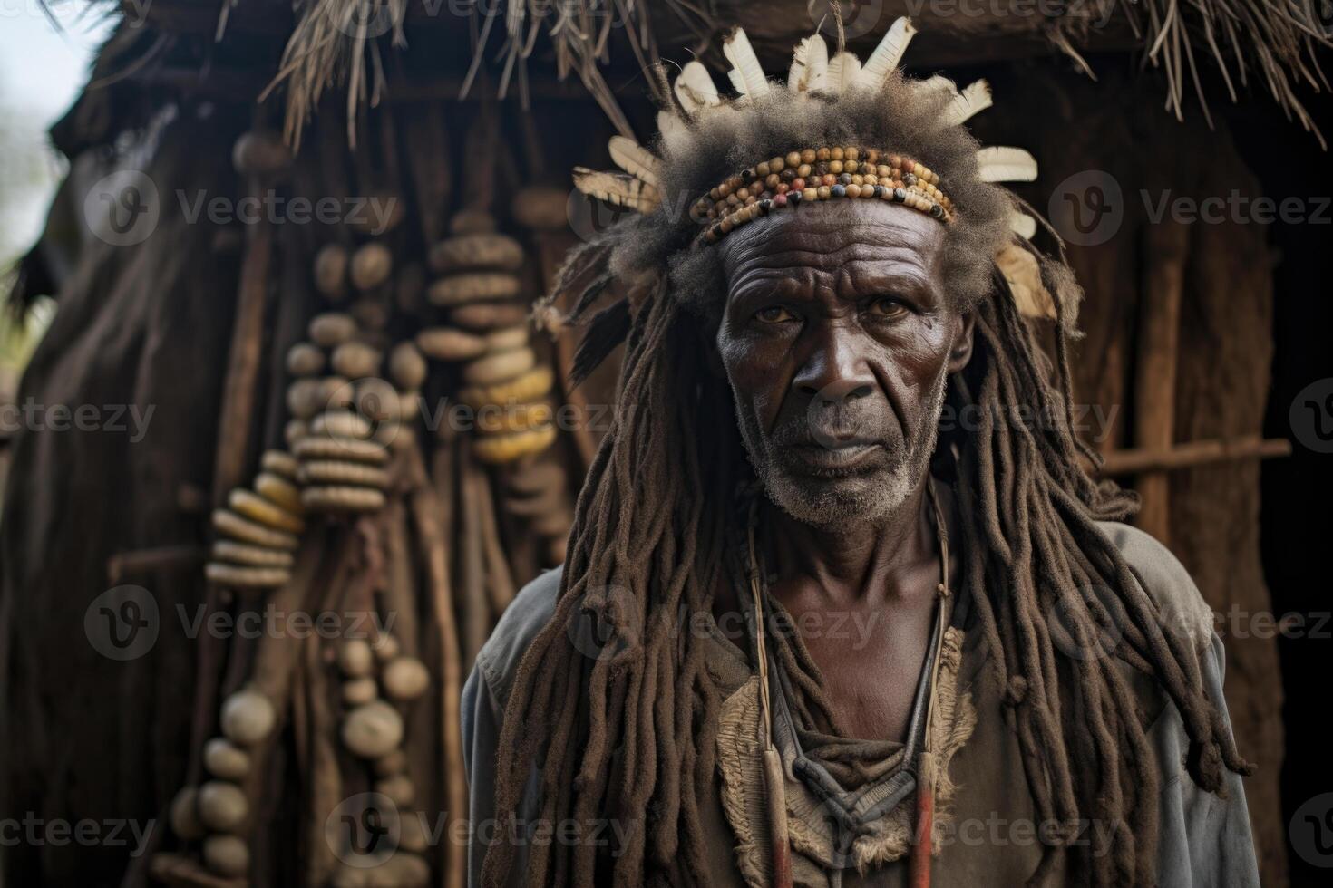 ai gerado retrato do a africano masculino chefe dentro dele africano Vila. África foto