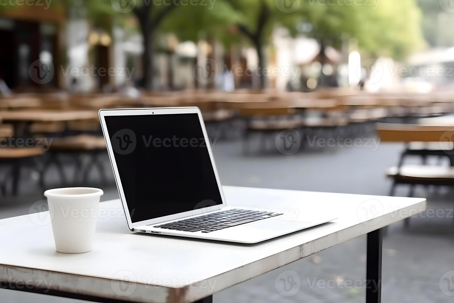 ai gerado computador portátil computador com em branco tela em mesa do público cafeteria às verão dia, neural rede gerado imagem foto