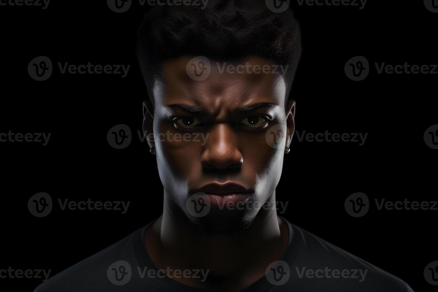 ai gerado sério jovem adulto africano americano homem, cabeça e ombros retrato em Preto fundo. neural rede gerado fotorrealista imagem foto