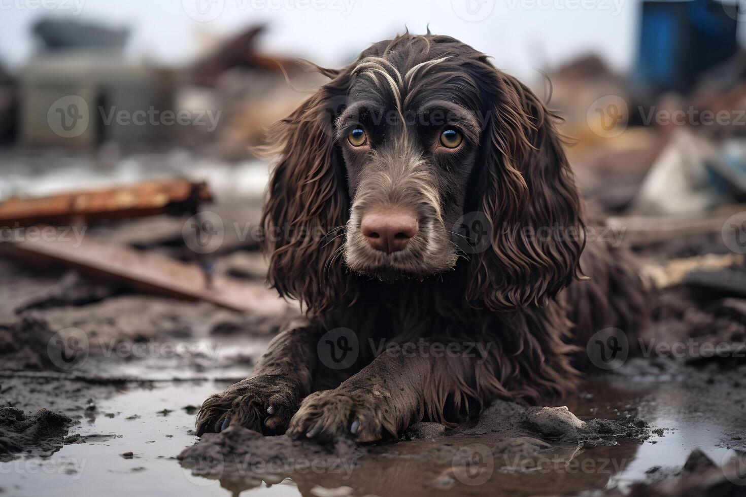 ai gerado sozinho molhado e sujo Inglês Cocker spaniel depois de desastre em a fundo do casa destroços, Pedregulho, neural rede gerado imagem foto