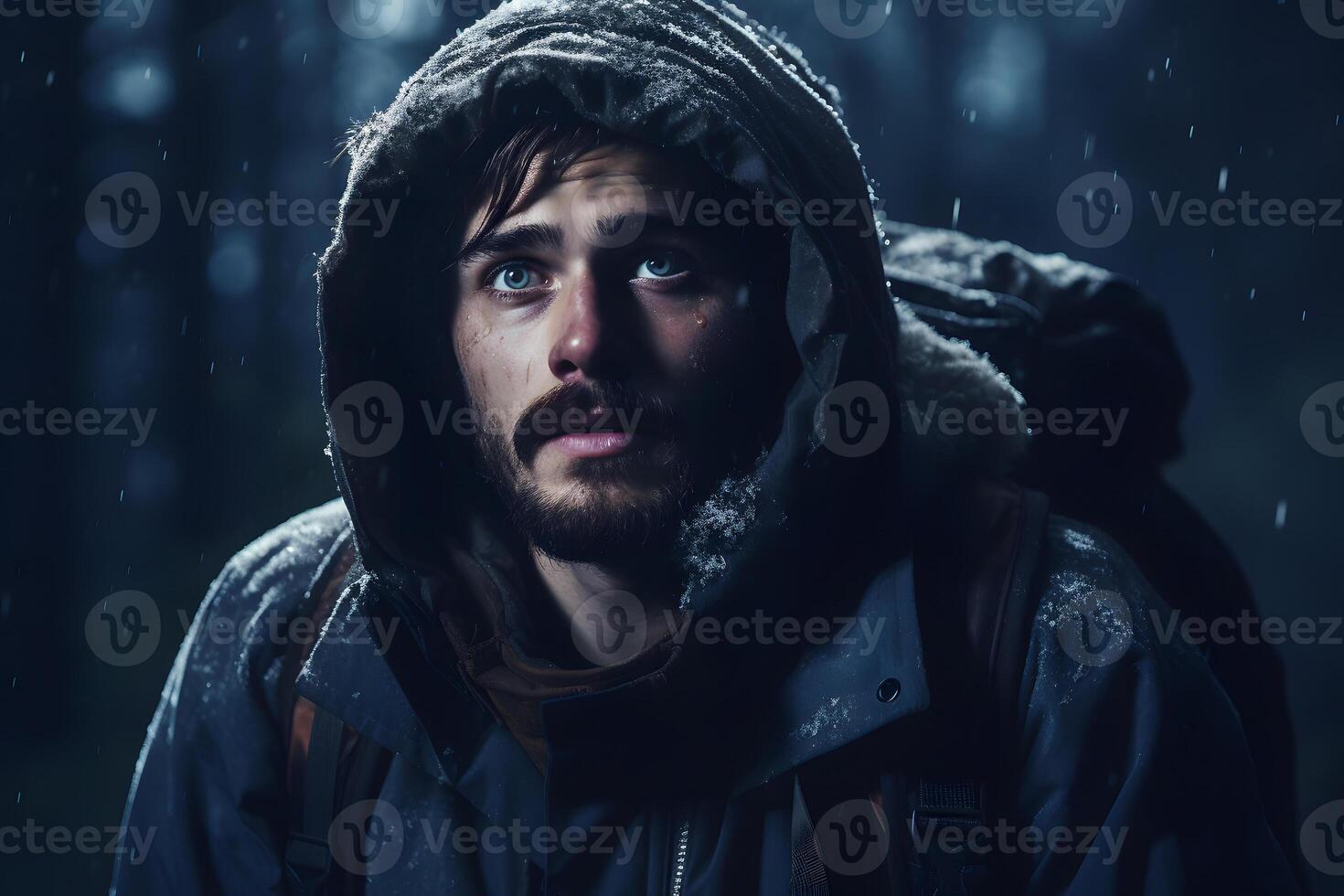 ai gerado jovem adulto caucasiano homem dentro inverno floresta às noite, neural rede gerado fotorrealista imagem foto