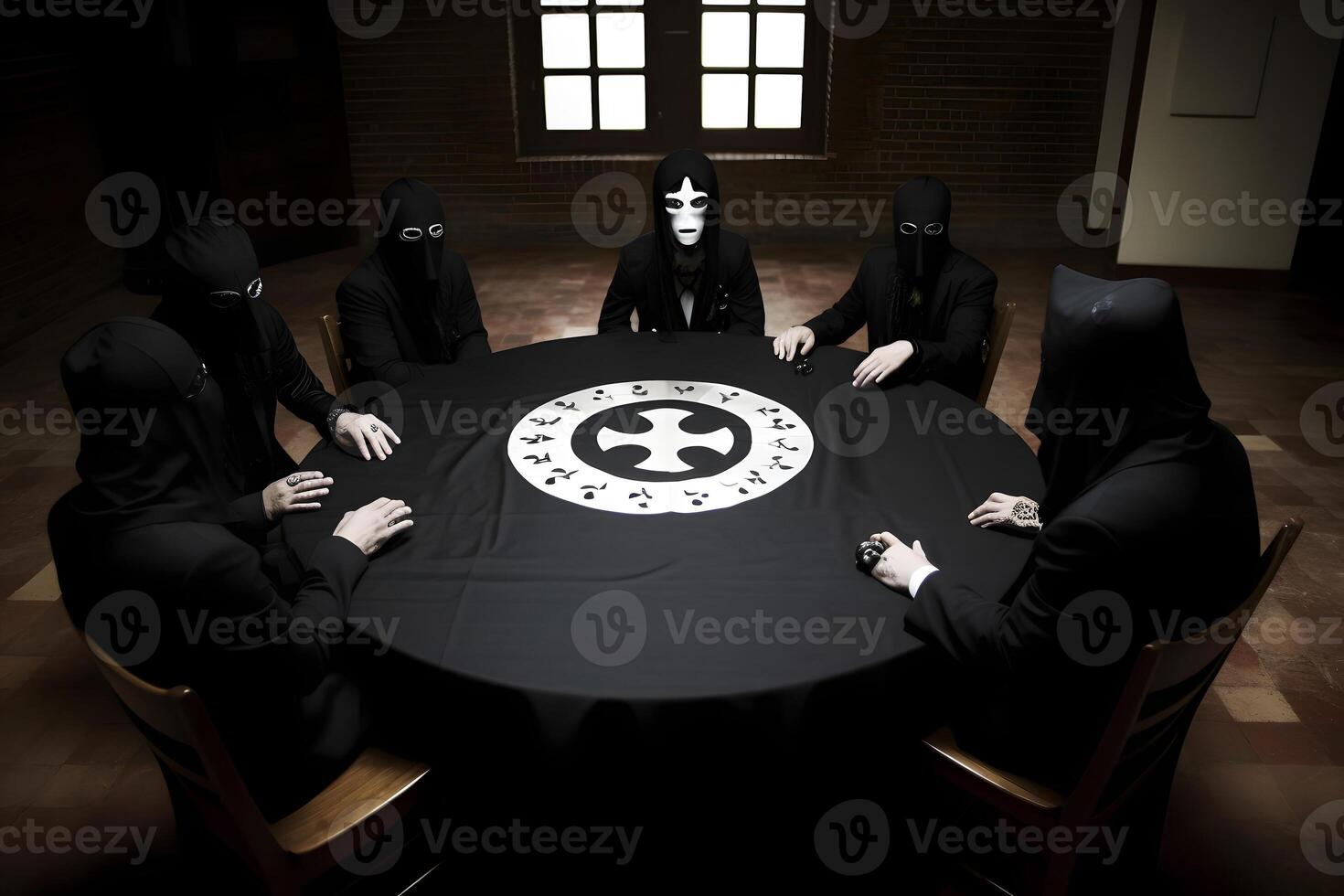 ai gerado segredo sociedade às uma volta mesa sentado dentro grandes Preto vestes com capuzes e máscaras, neural rede gerado imagem foto
