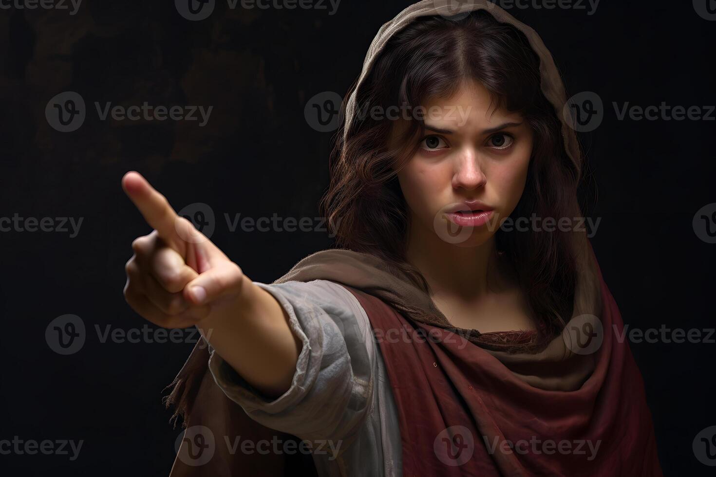 ai gerado medieval jovem adulto mulher pontos dedo às você, neural rede gerado imagem foto