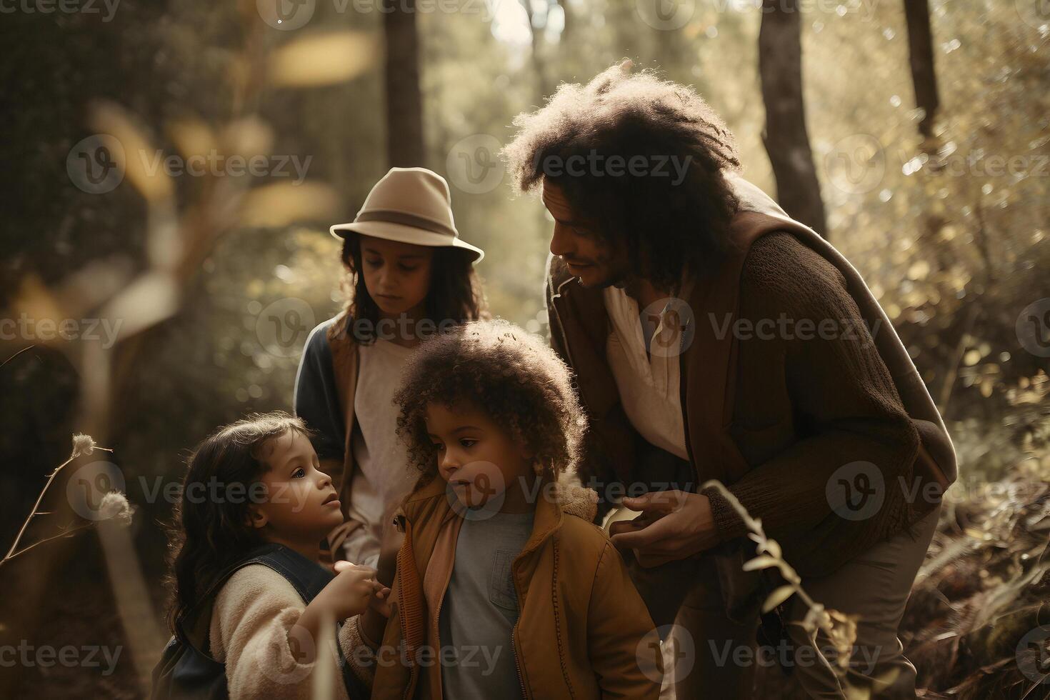 ai gerado diverso familiy dentro verão floresta parque às dia luz, neural rede gerado cenário foto