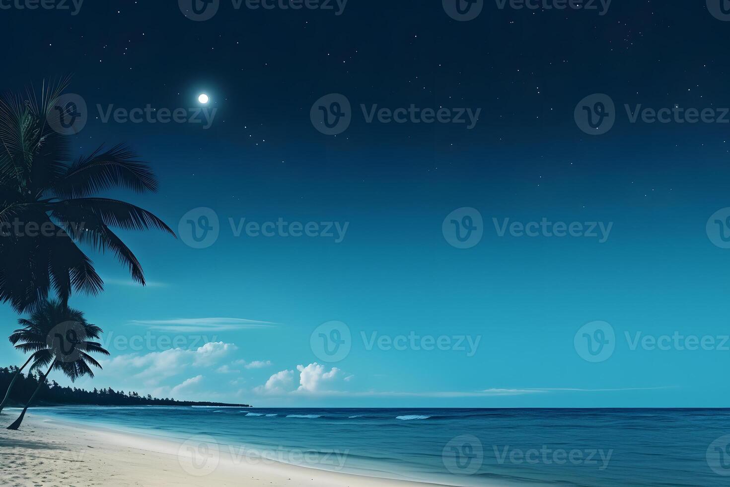 ai gerado tropical de praia Visão com branco areia, turquesa água e Palma árvore às cheio lua noite com estrelas, neural rede gerado fotorrealista imagem foto