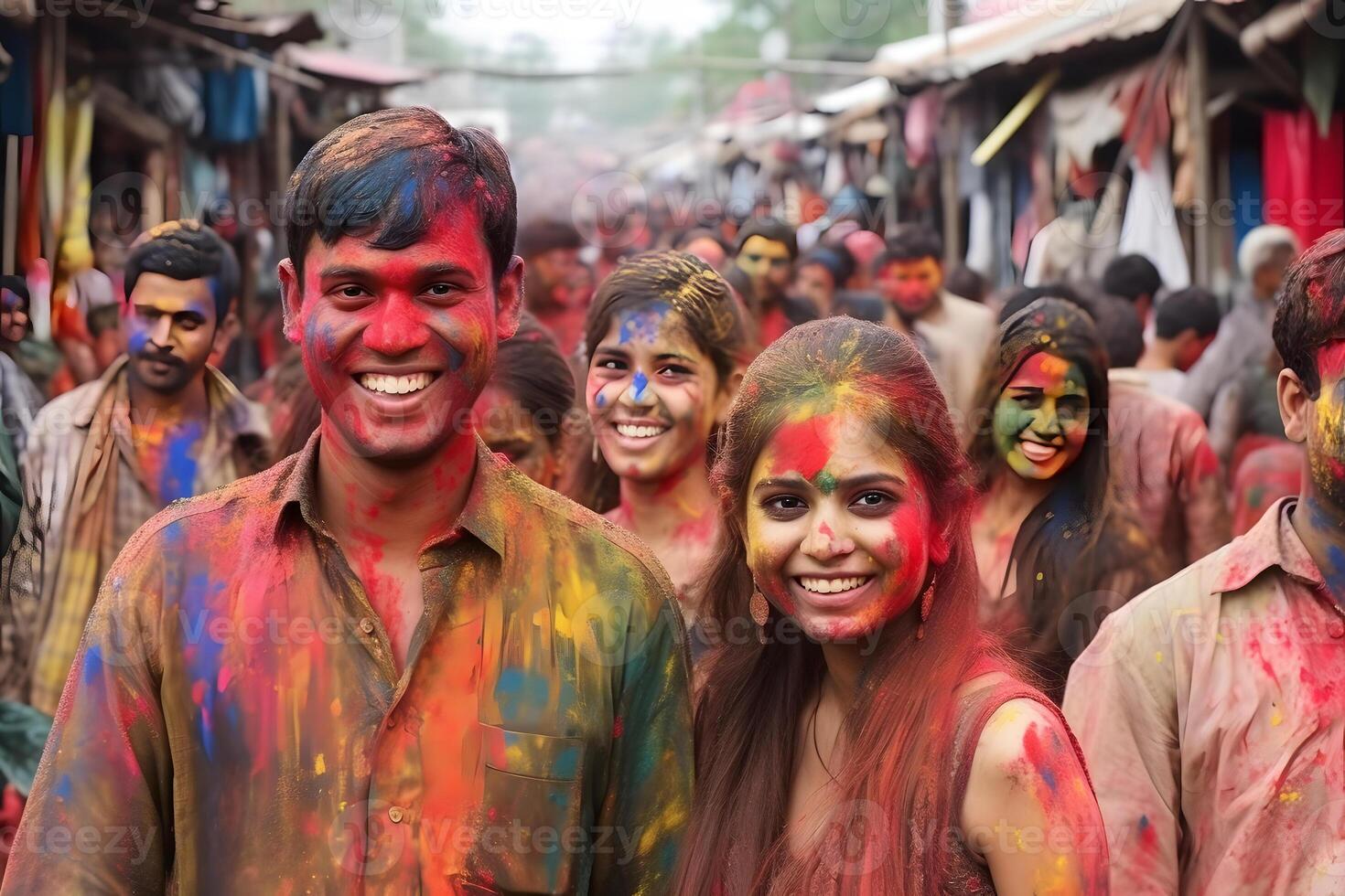 ai gerado sorridente pessoas, colori feliz rostos com vibrante cores durante a celebração do a holi festival dentro Índia. neural rede gerado imagem foto