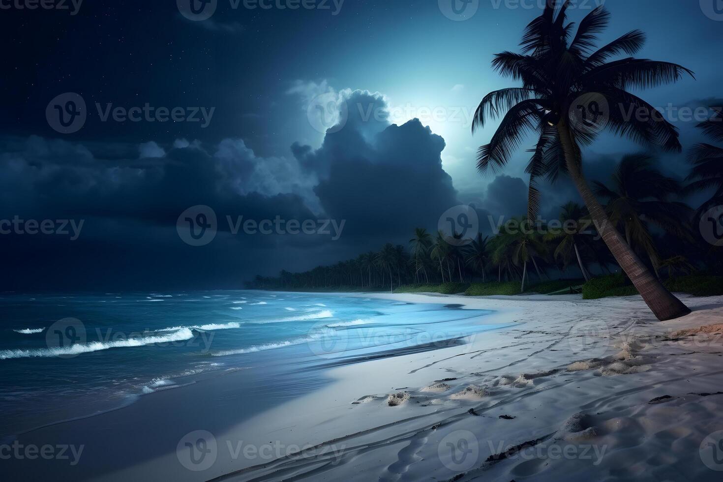 ai gerado tropical de praia Visão com branco areia, turquesa água e Palma árvore às cheio lua noite, neural rede gerado fotorrealista imagem foto