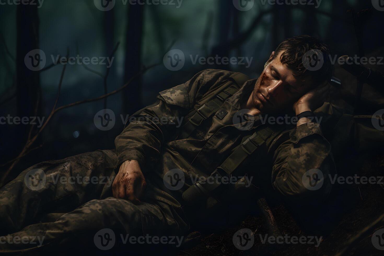 ai gerado sujo cansado soldado dorme em árvore raízes dentro profundo floresta às outono noite, neural rede gerado imagem foto