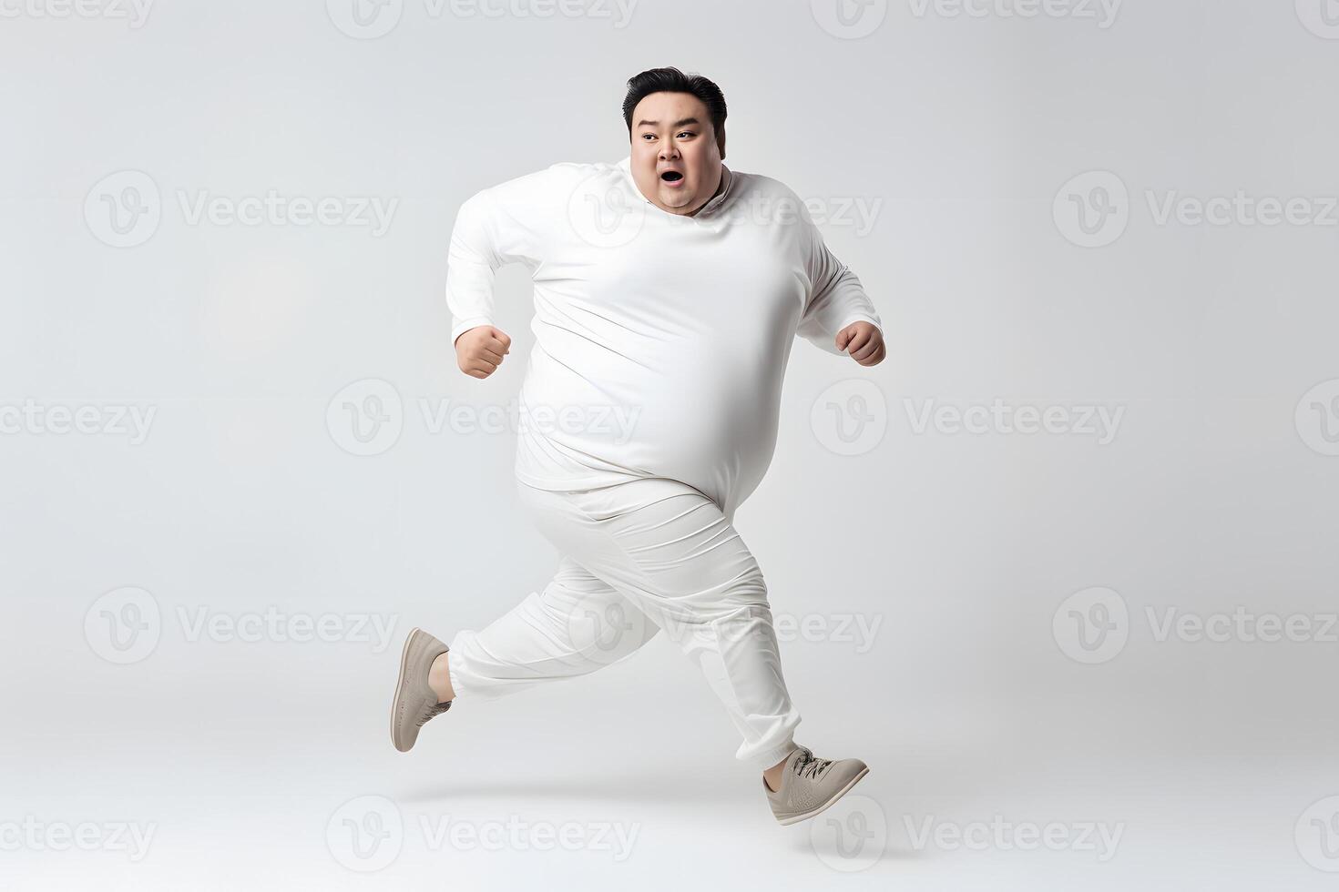 ai gerado excesso de peso ásia homem corrida em branco fundo, conceito do excesso de peso e peso perda. neural rede gerado fotorrealista imagem foto