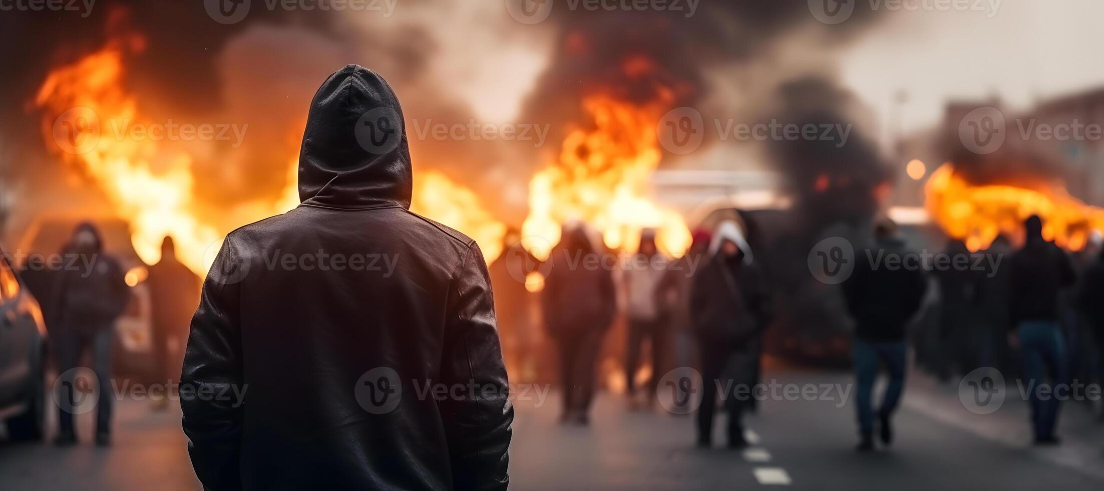 ai gerado rua tumulto dentro cidade com manifestantes e queimando carros, neural rede gerado fotorrealista imagem foto