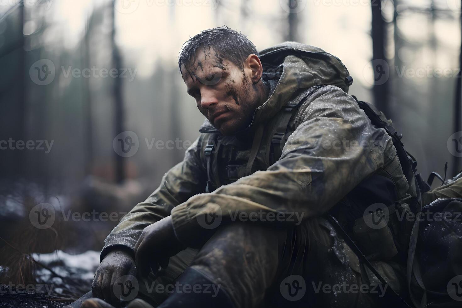 ai gerado sujo cansado soldado sentado dentro profundo floresta às inverno dia, neural rede gerado imagem foto