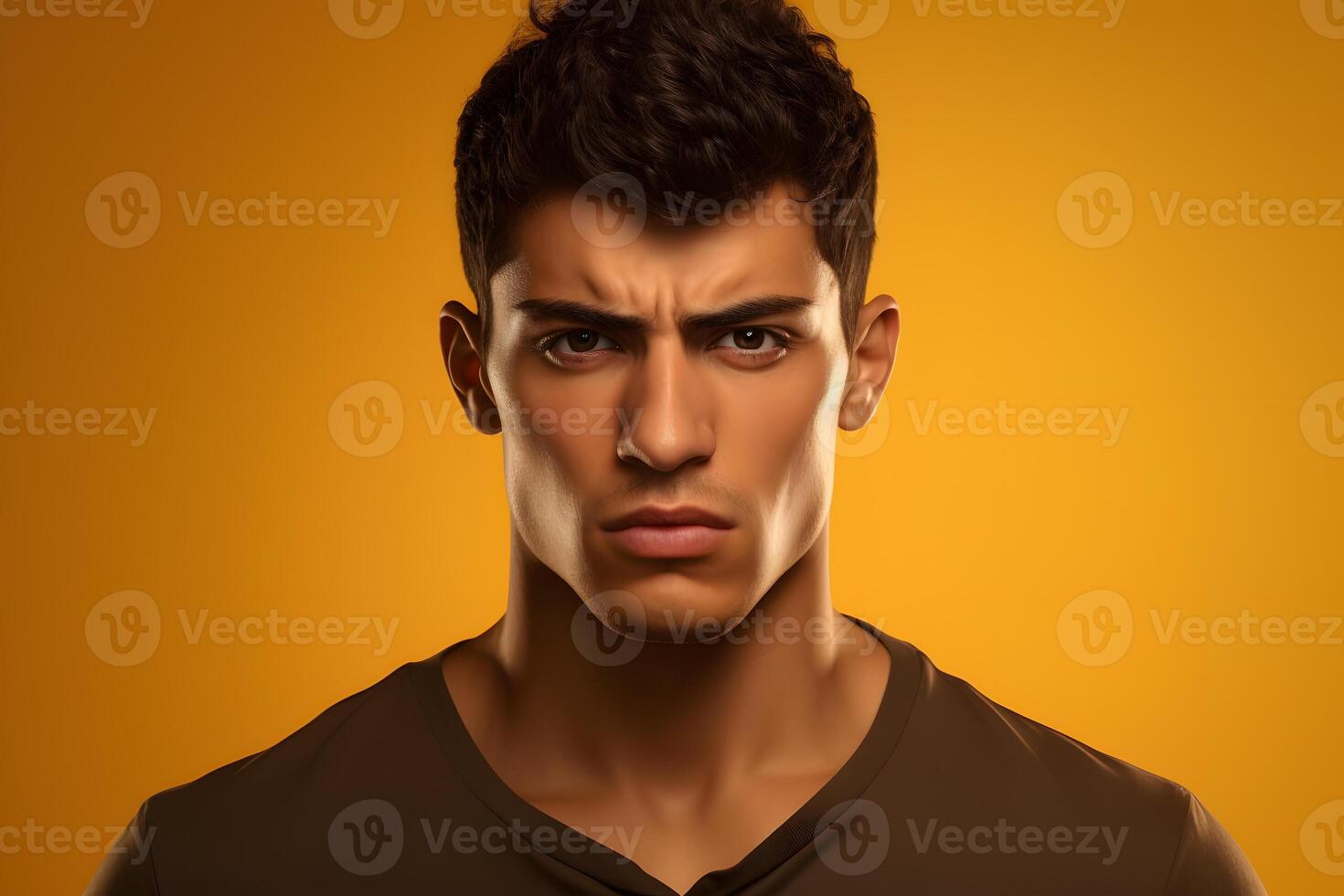 ai gerado mau humor jovem adulto latim americano homem, cabeça e ombros retrato em amarelo fundo. neural rede gerado fotorrealista imagem. foto