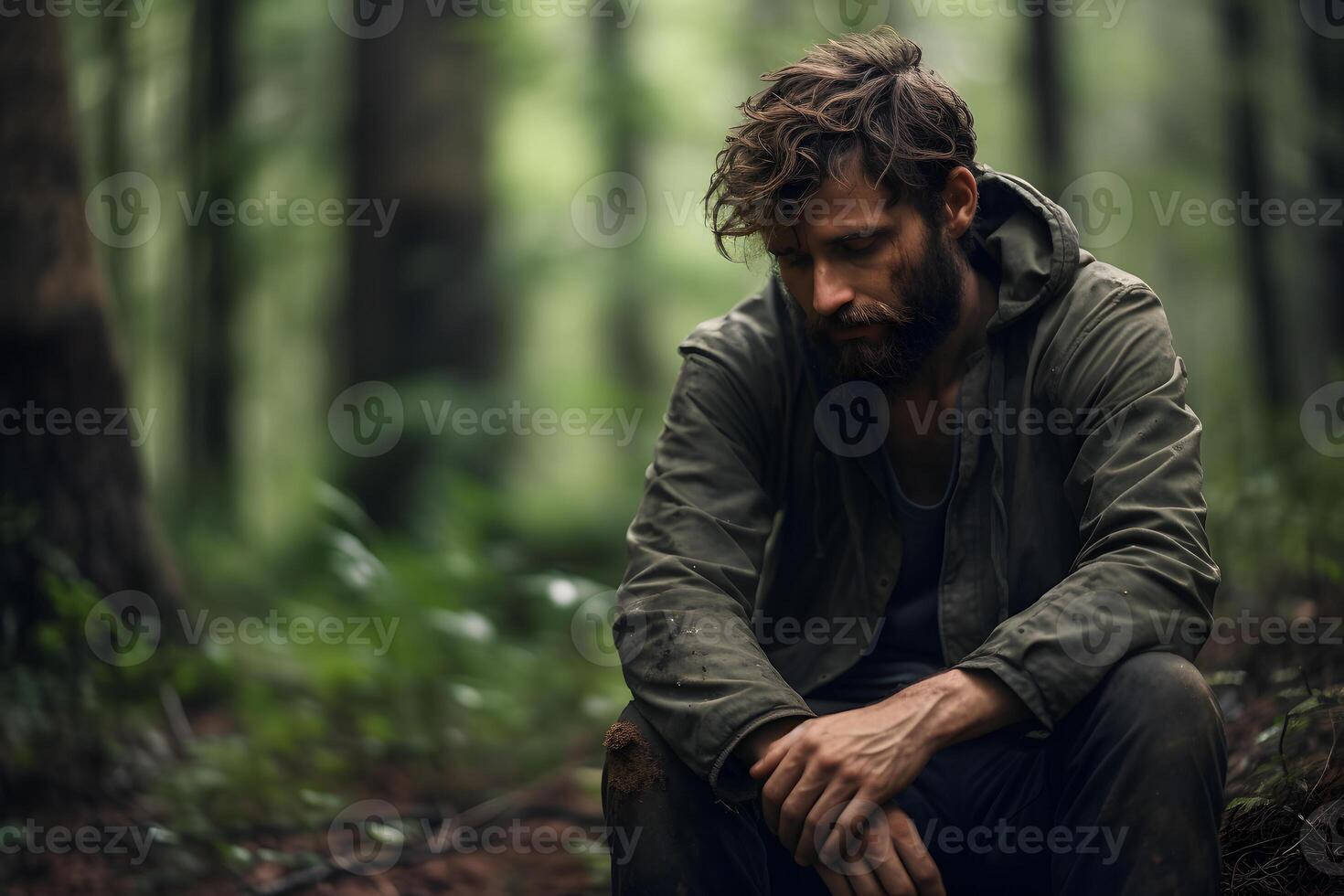 ai gerado assustado caucasiano jovem adulto homem perdido dentro floresta às verão dia, neural rede gerado fotorrealista imagem foto