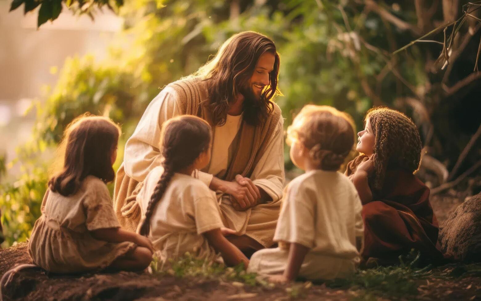 ai gerado Jesus Cristo falando para crianças, Jesus e crianças sorridente. geração ai foto