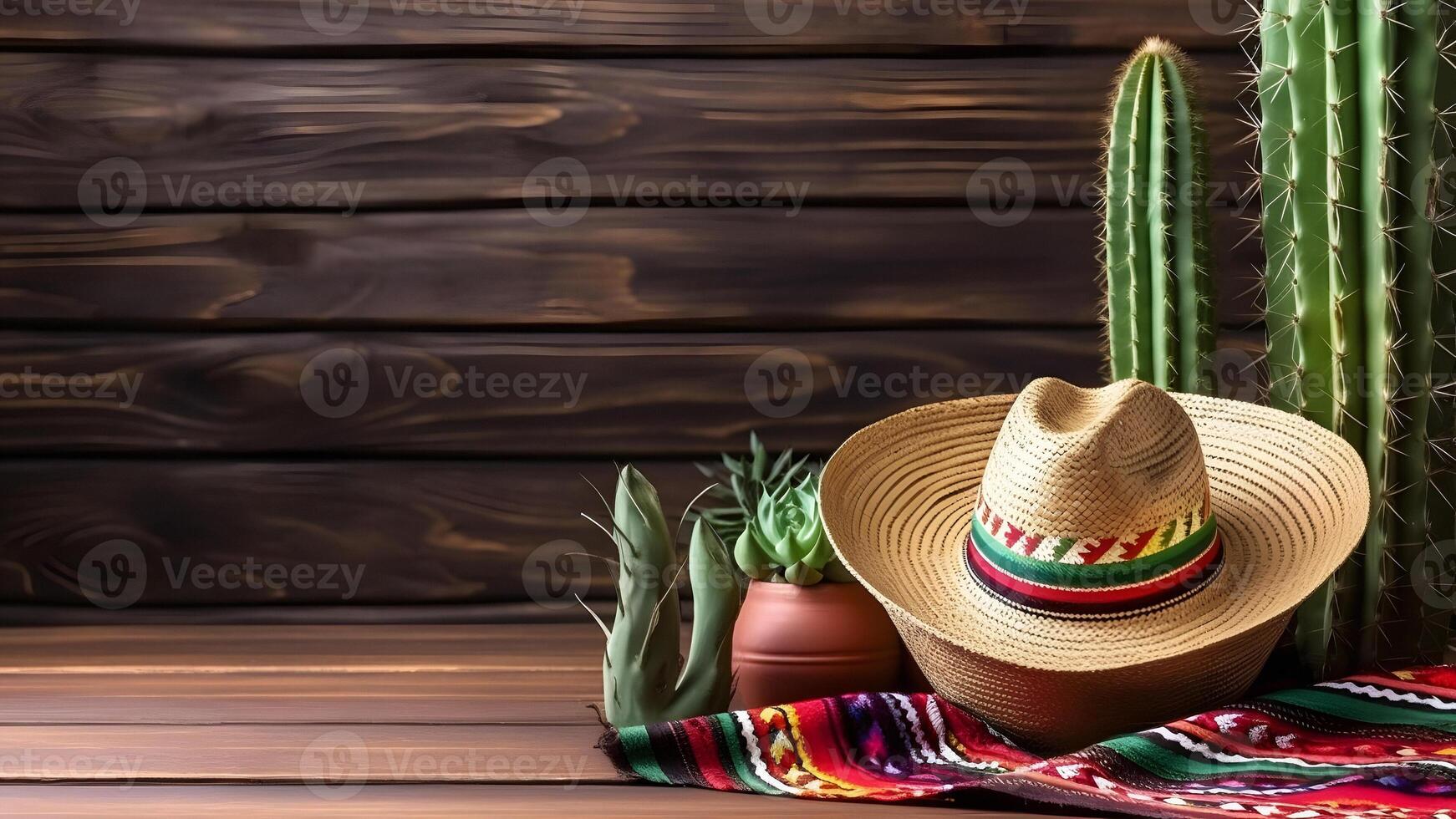 ai gerado cinco de maionese feriado fundo com mexicano cacto, sombrero chapéu em de madeira superfície, neural rede gerado imagem foto
