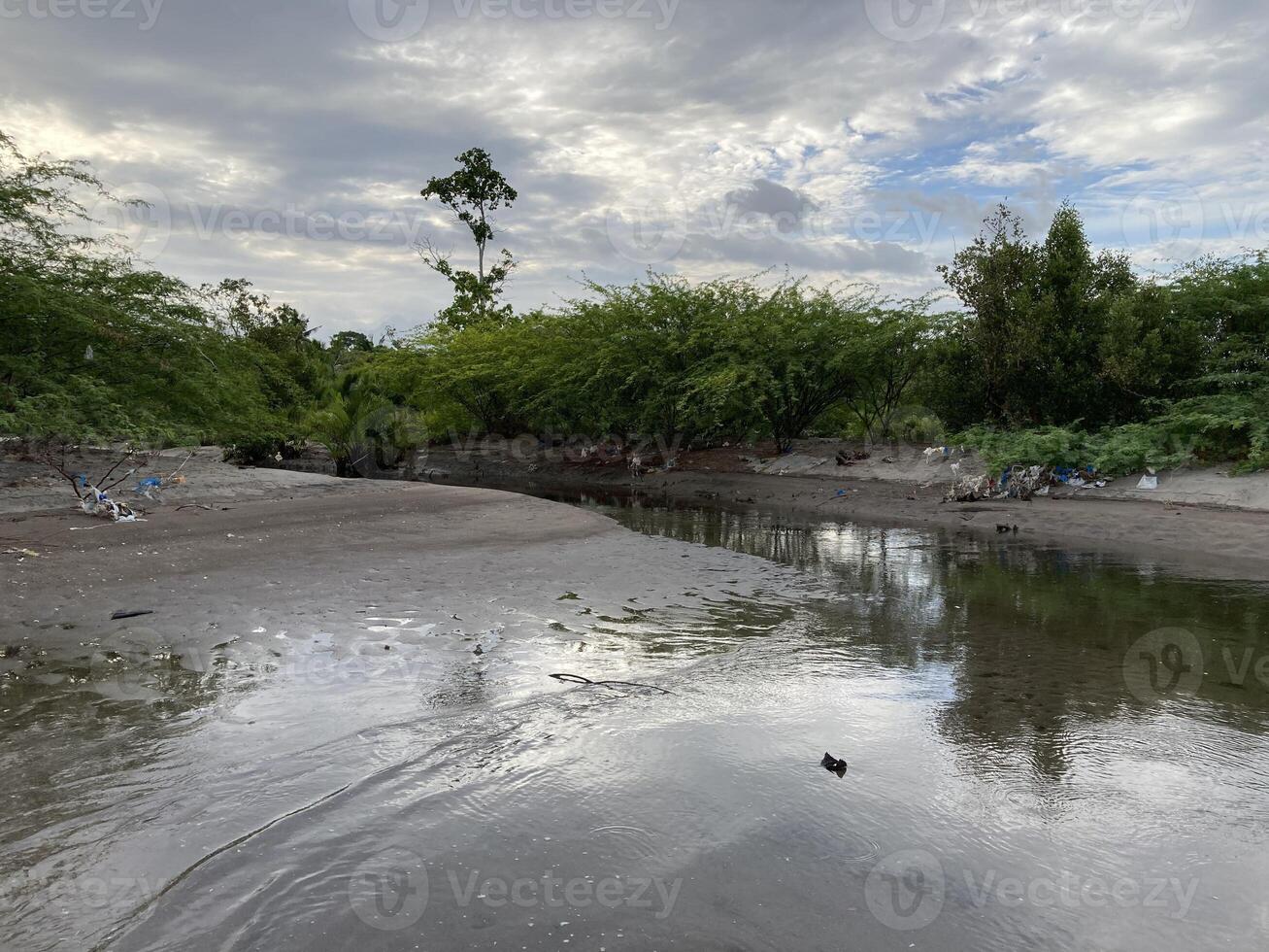 Filipinas a rio fluindo baixa a partir de a montanhas fluxos para dentro a mar em a margens do poluição com plástico e de outros lixo ecologia foto