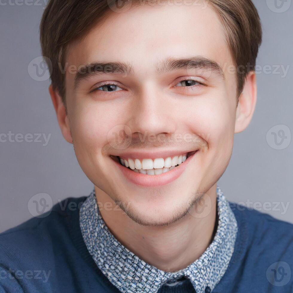 ai gerado retrato do jovem homem com saudável dentes sorriso, saúde Cuidado conceito foto