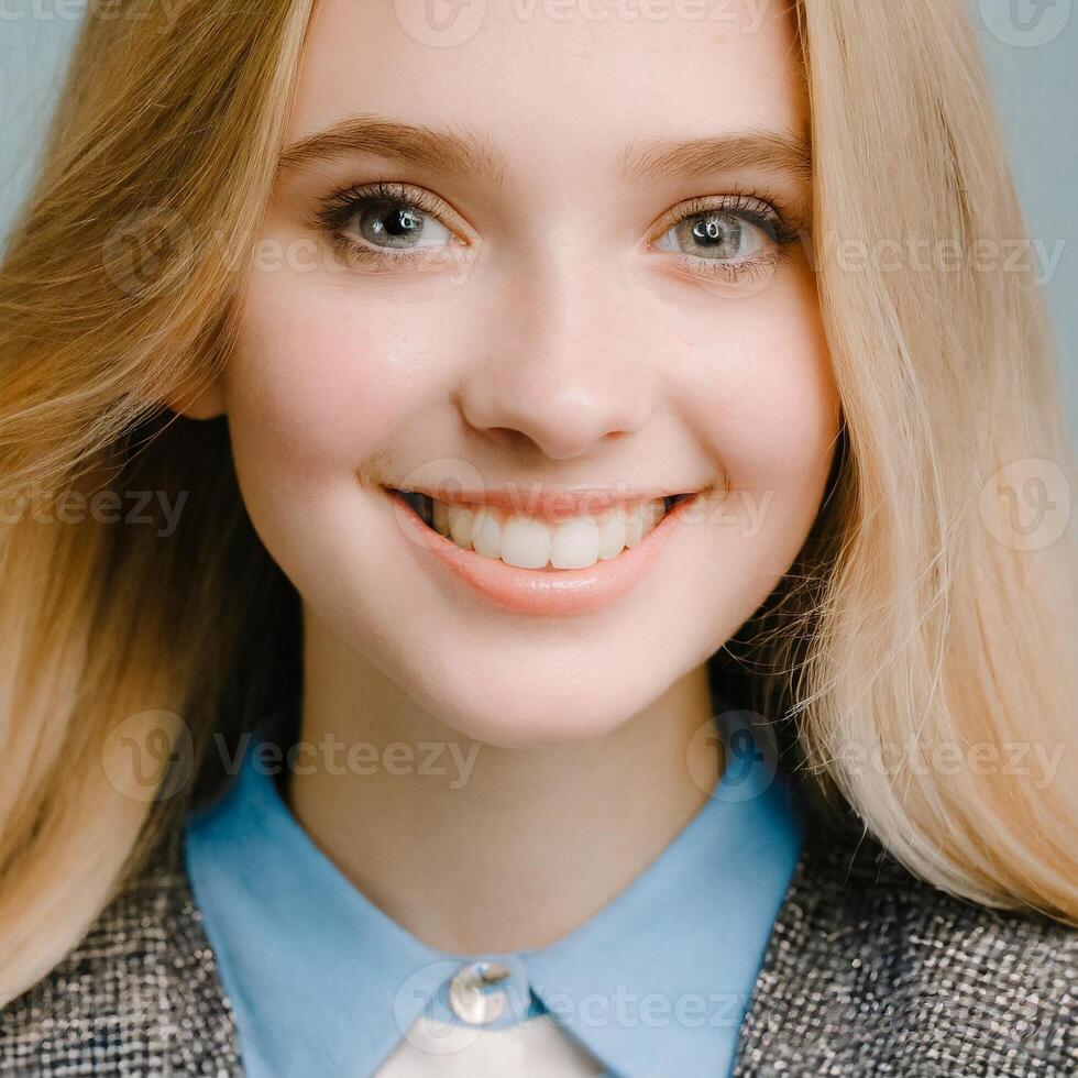 ai gerado retrato do jovem mulher, saúde dentes sorriso, saúde Cuidado conceito foto