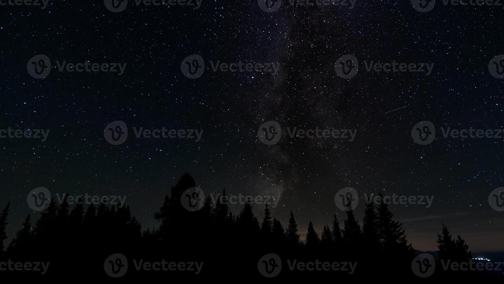 a leitoso caminho galáxia acima a silhuetas do árvores estrelado noite fundo. foto