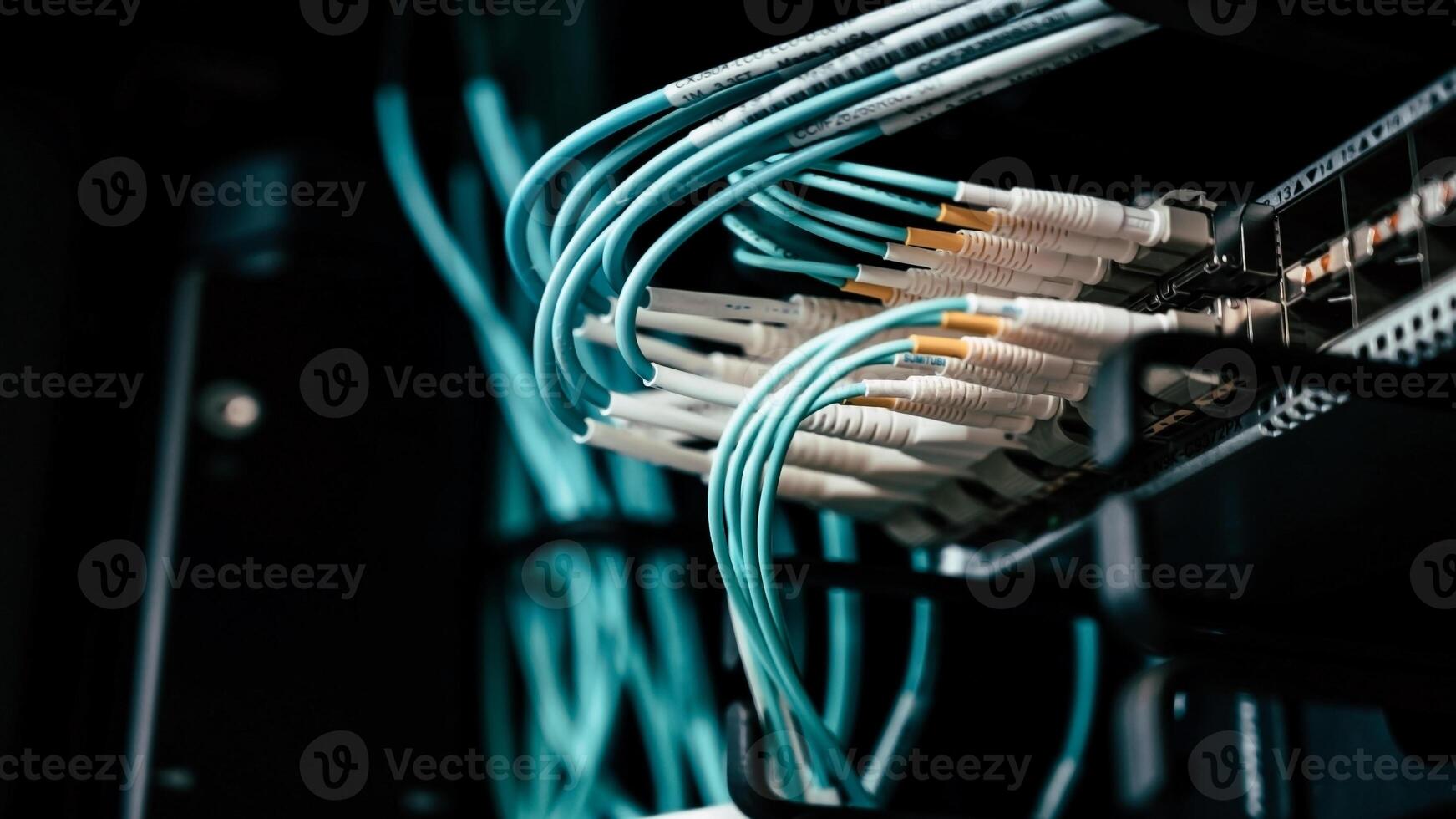 rede cabo dentro dados Centro fibra ótico conector interface. múltiplo exposição. em formação tecnologia computador rede, telecomunicação fibra ótico cabos conectado. dados servidor. foto