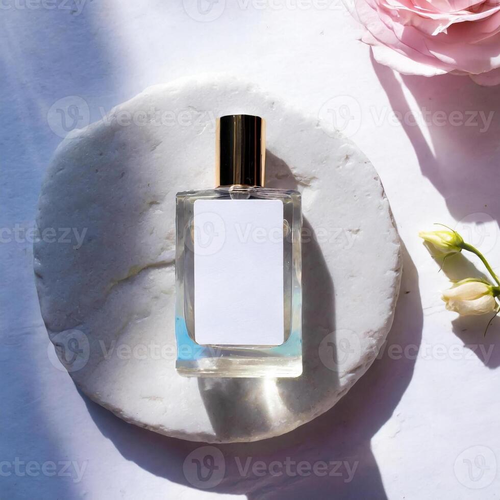 brincar do galões transparente perfume garrafa em pedra prato e sombras foto