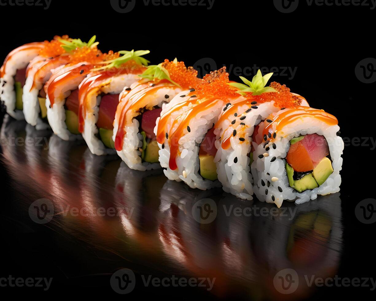 ai gerado Sushi lista com salmão, abacate e pepino em Preto fundo foto
