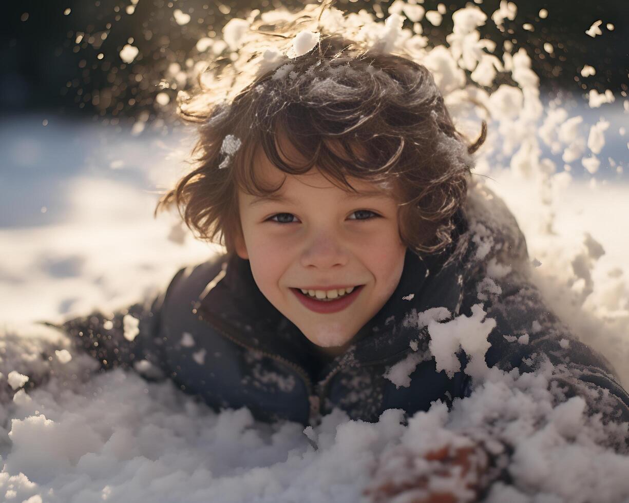 ai gerado retrato do uma fofa pequeno Garoto dentro a neve dentro inverno. foto