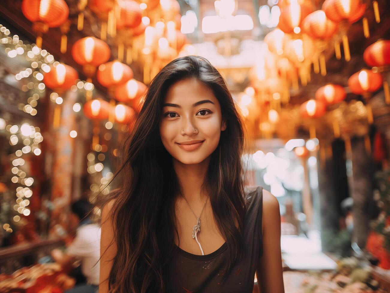 ai gerado lindo ásia mulher dentro chinês lanternas às noite. foto